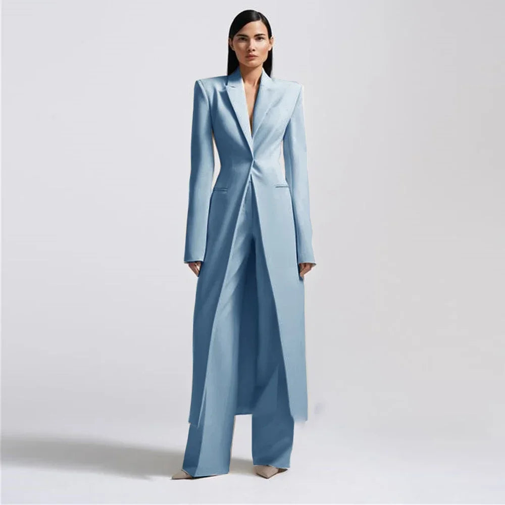 Women Pants Sets Fashion Peak Lapel One Button Long Coat 2 Piece