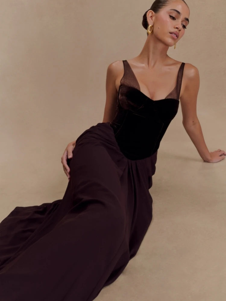 Straps Velvet Corset Patchwork Long Dress