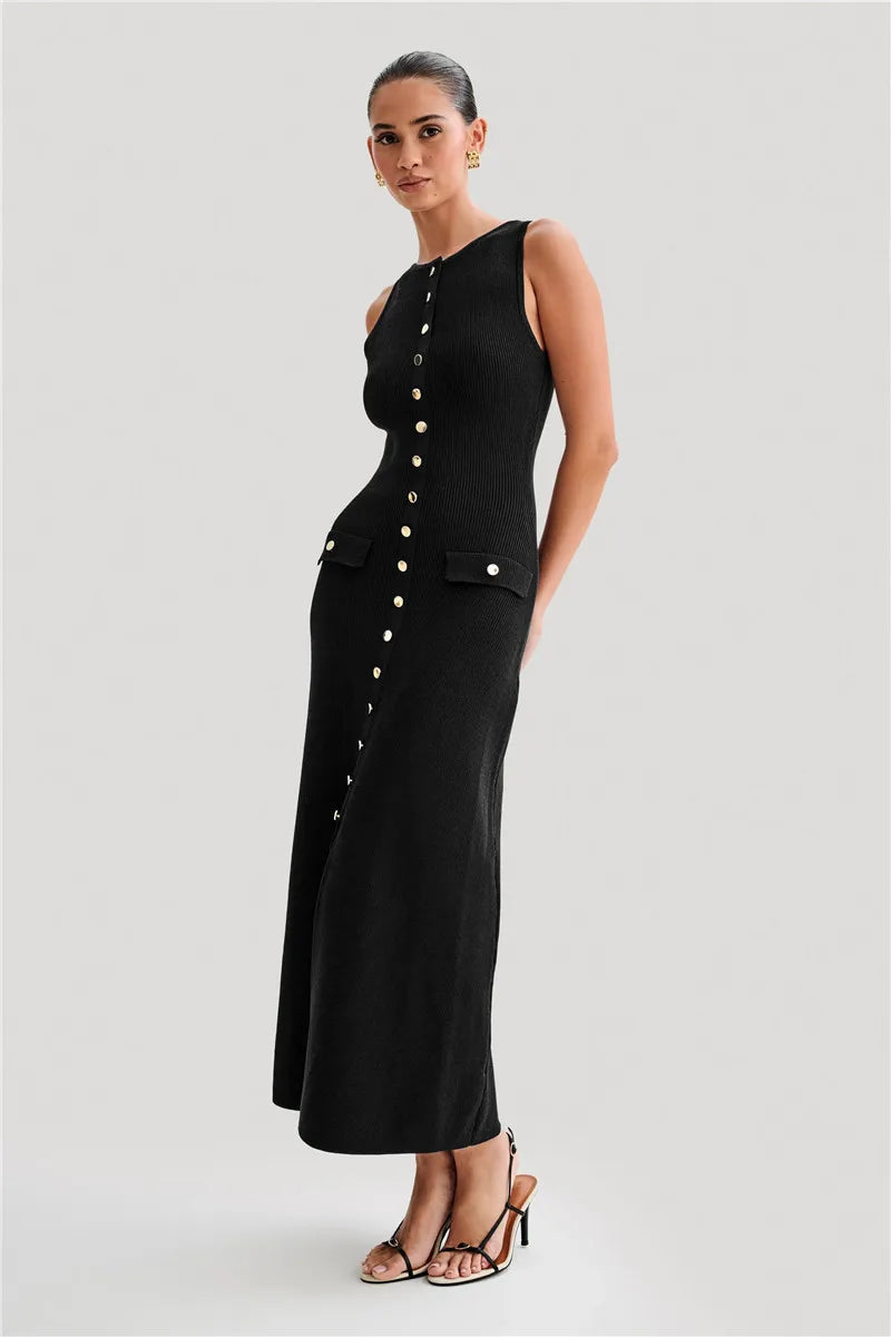 Elegant Sleeveless Buttoned Dress