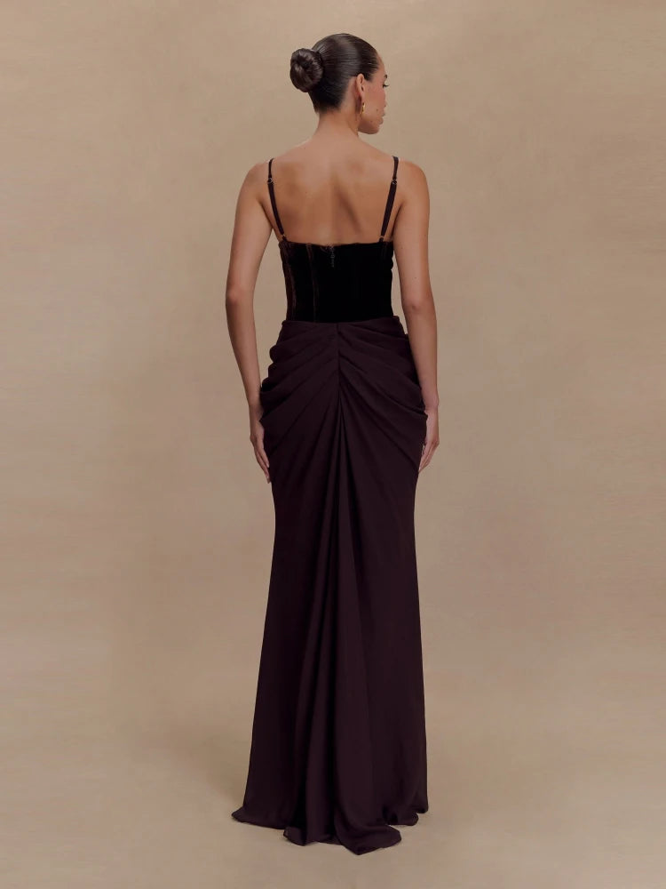 Straps Velvet Corset Patchwork Long Dress