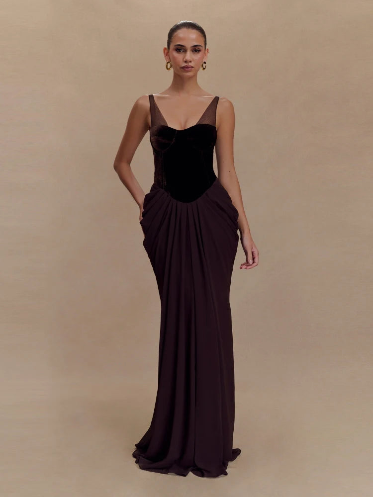 Straps Velvet Corset Patchwork Long Dress