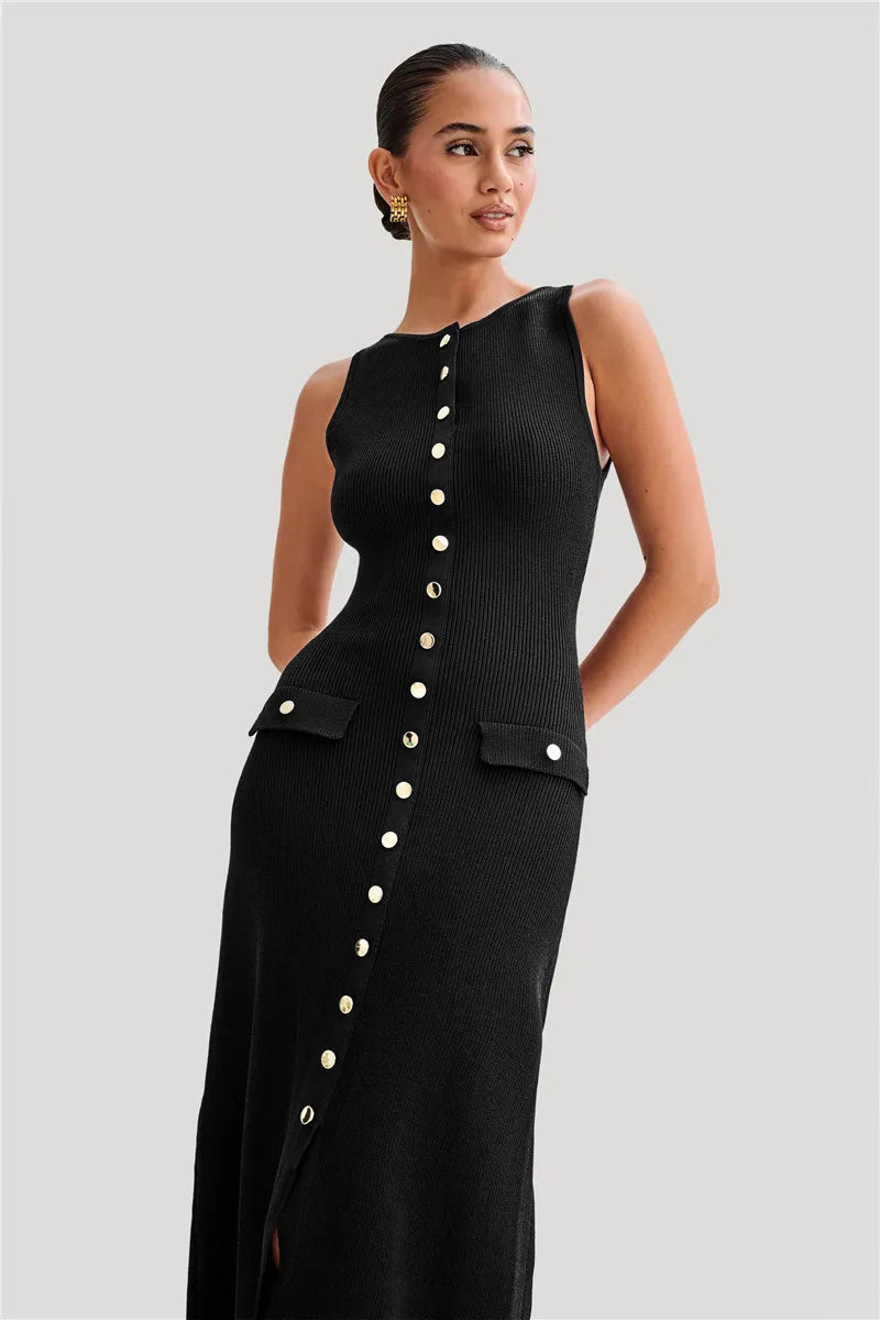 Elegant Sleeveless Buttoned Dress