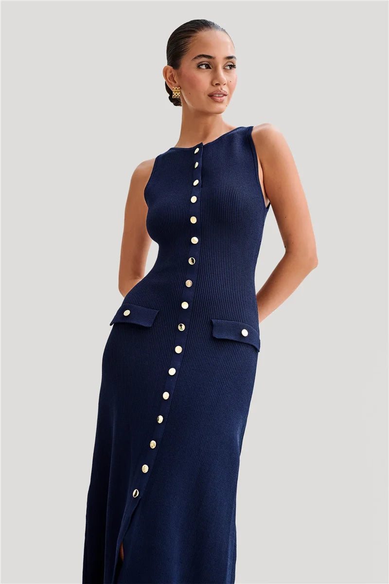 Elegant Sleeveless Buttoned Dress