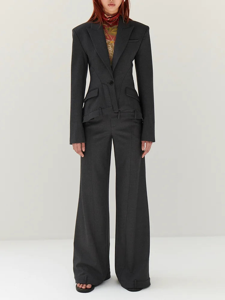 Two Piece Set Notched Collar Long Sleeve Blazer High Waist Wide Leg Pant