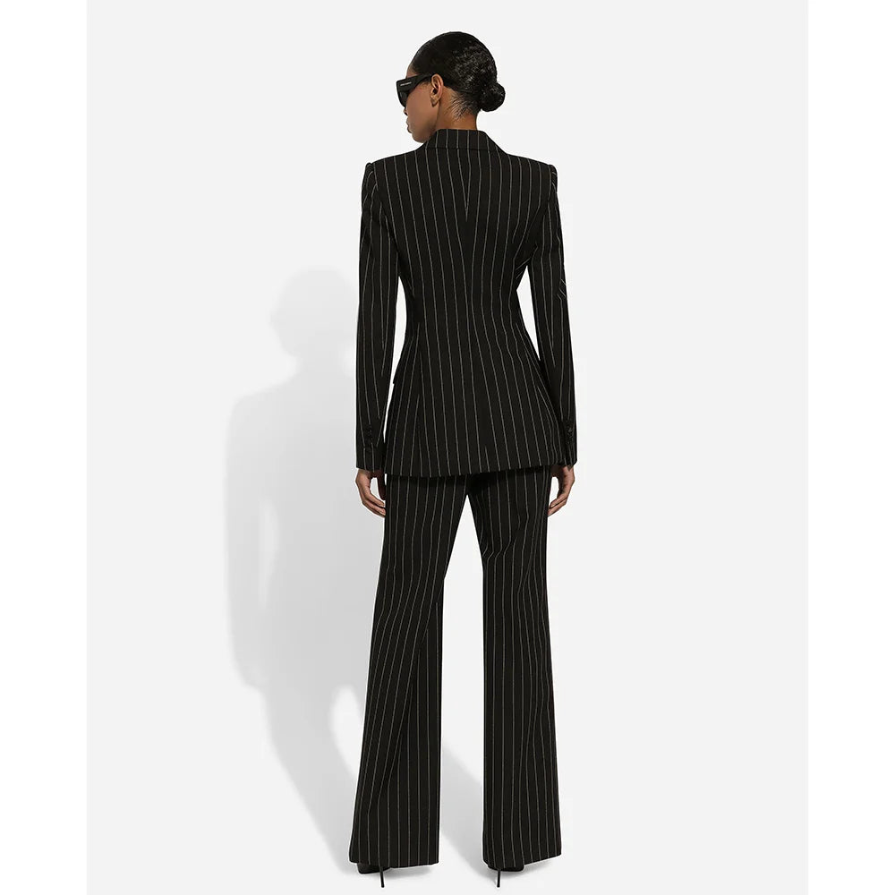 Black Stripe Double Breasted Women Blazer Sets