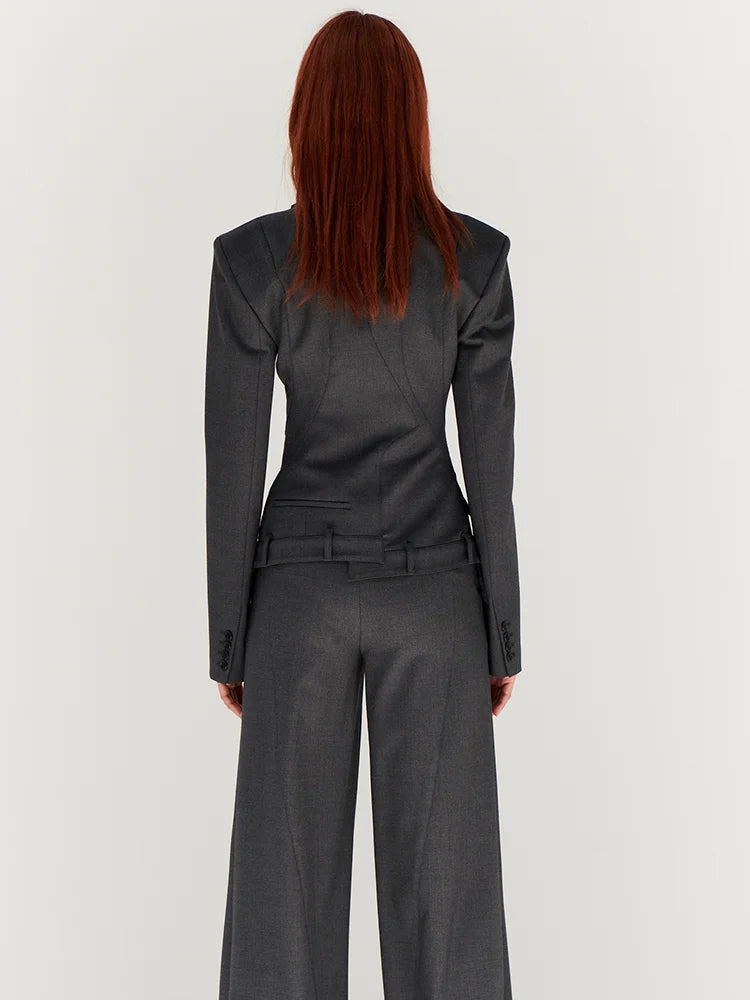 Two Piece Set Notched Collar Long Sleeve Blazer High Waist Wide Leg Pant