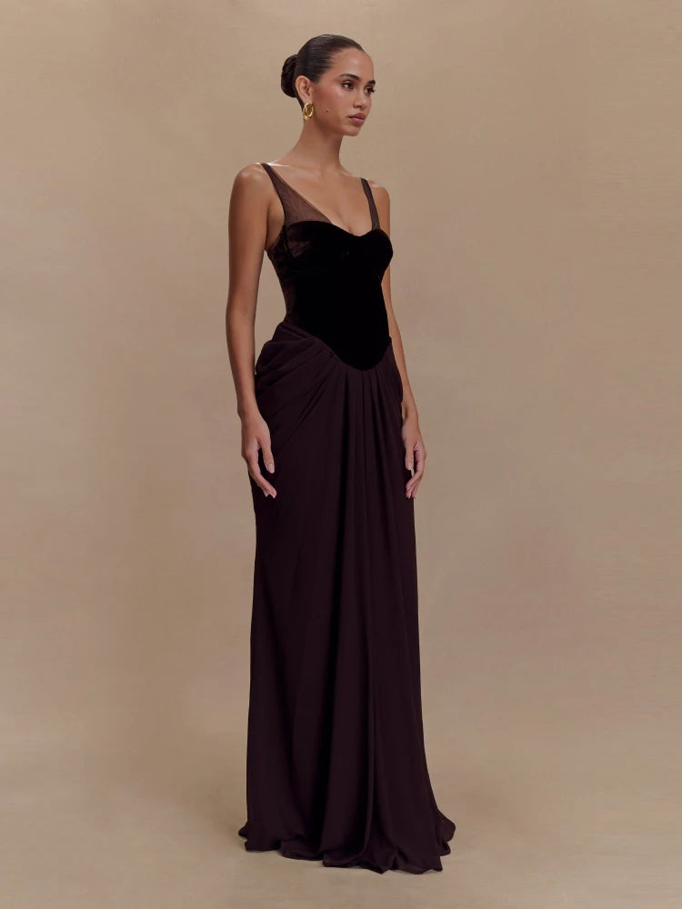 Straps Velvet Corset Patchwork Long Dress