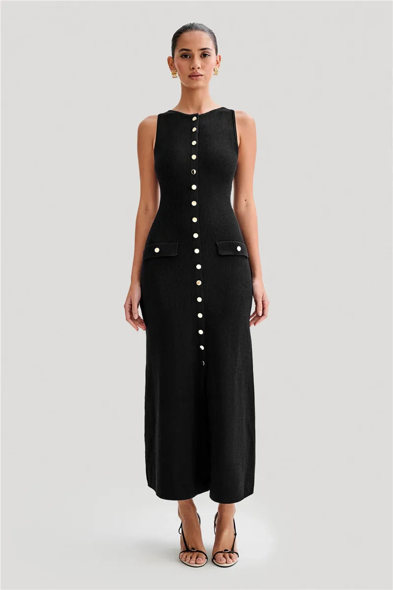 Elegant Sleeveless Buttoned Dress