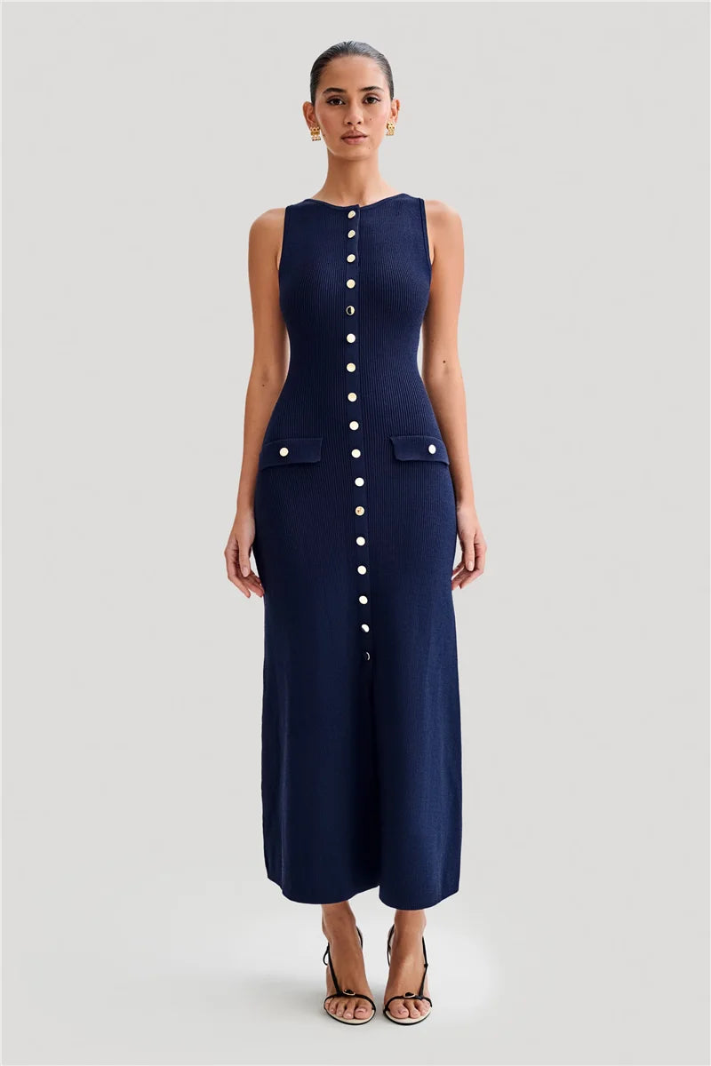 Elegant Sleeveless Buttoned Dress