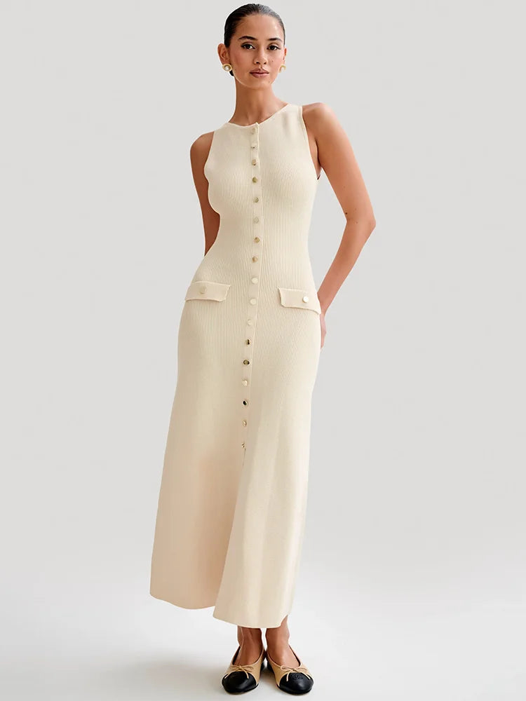 Elegant Sleeveless Buttoned Dress