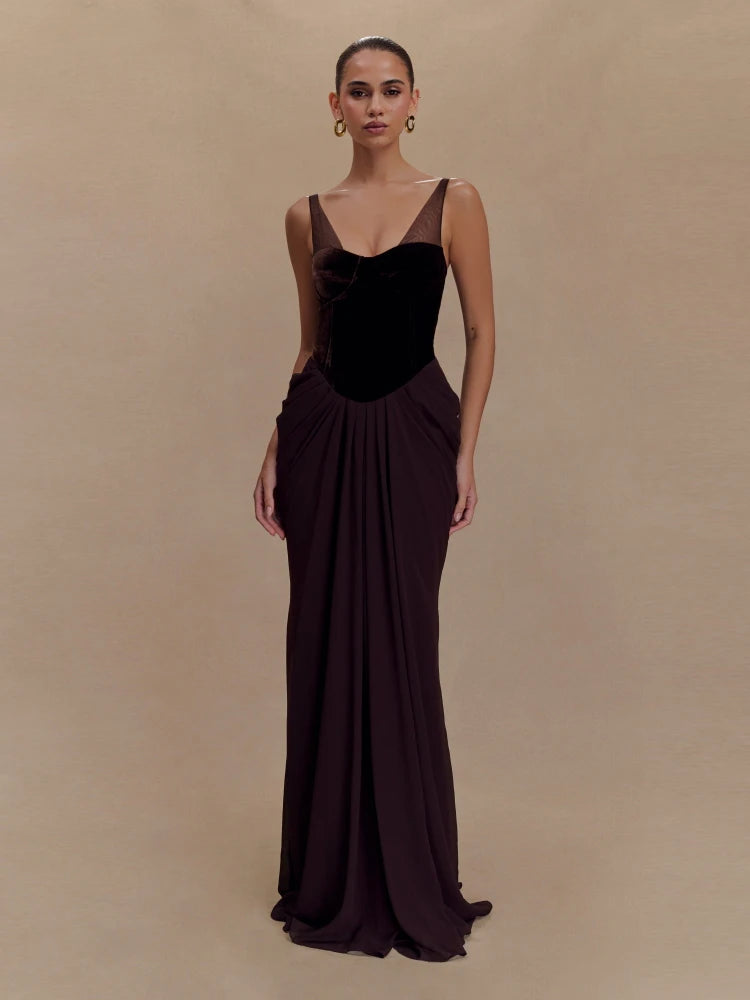 Straps Velvet Corset Patchwork Long Dress