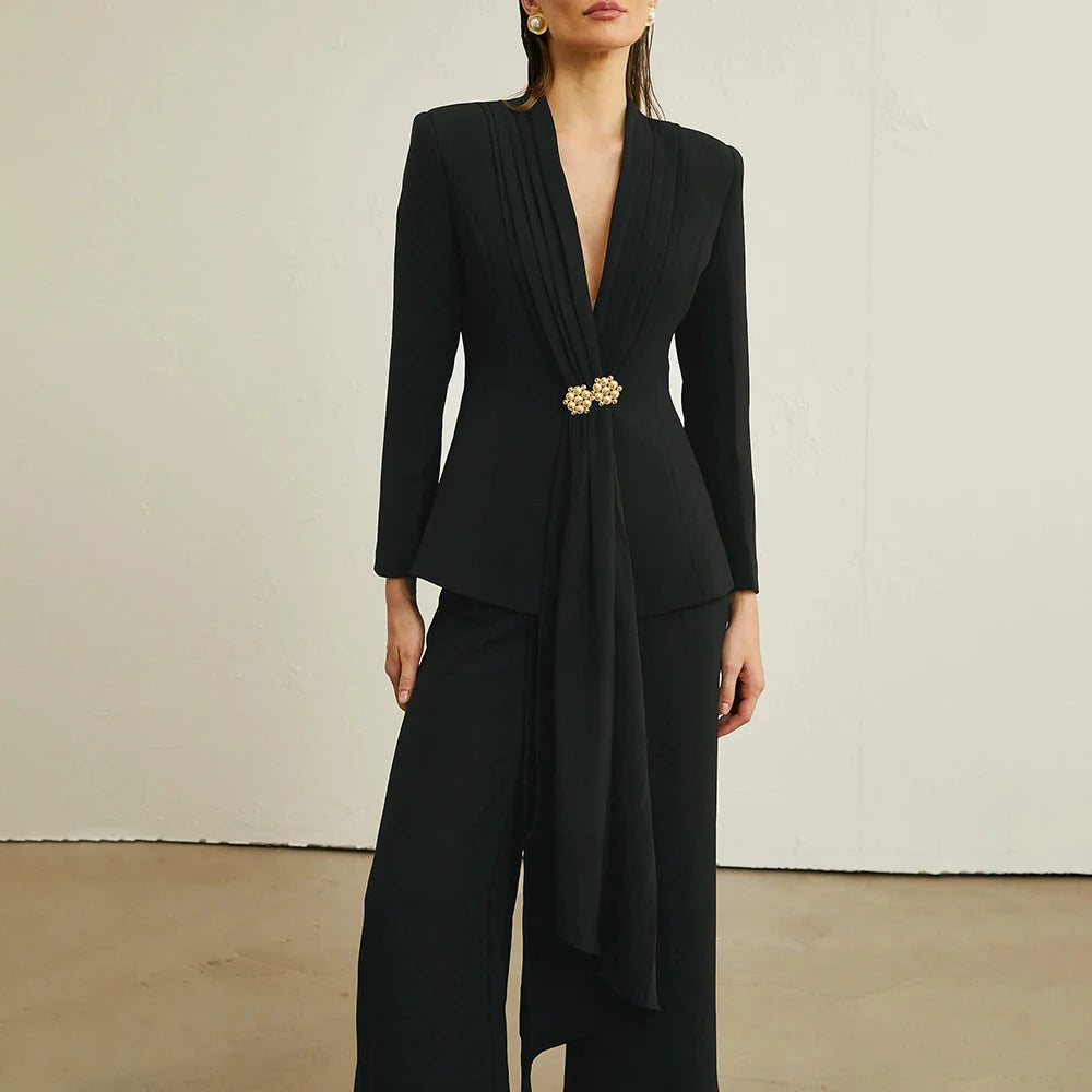 Two Piece Sets Long Sleeve Tunic Blazer High Waist Wide Leg Pant