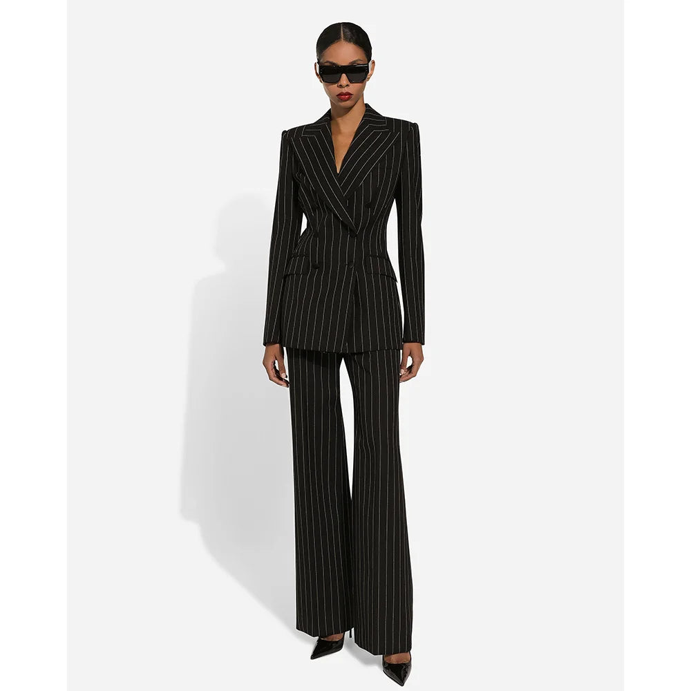 Black Stripe Double Breasted Women Blazer Sets