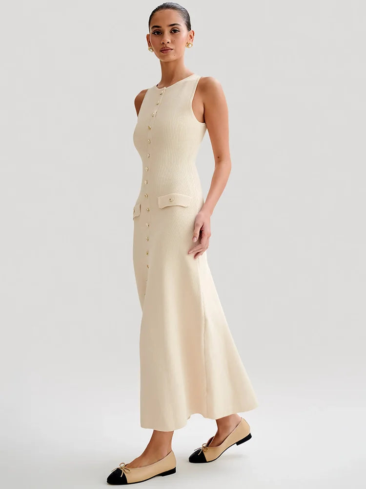 Elegant Sleeveless Buttoned Dress