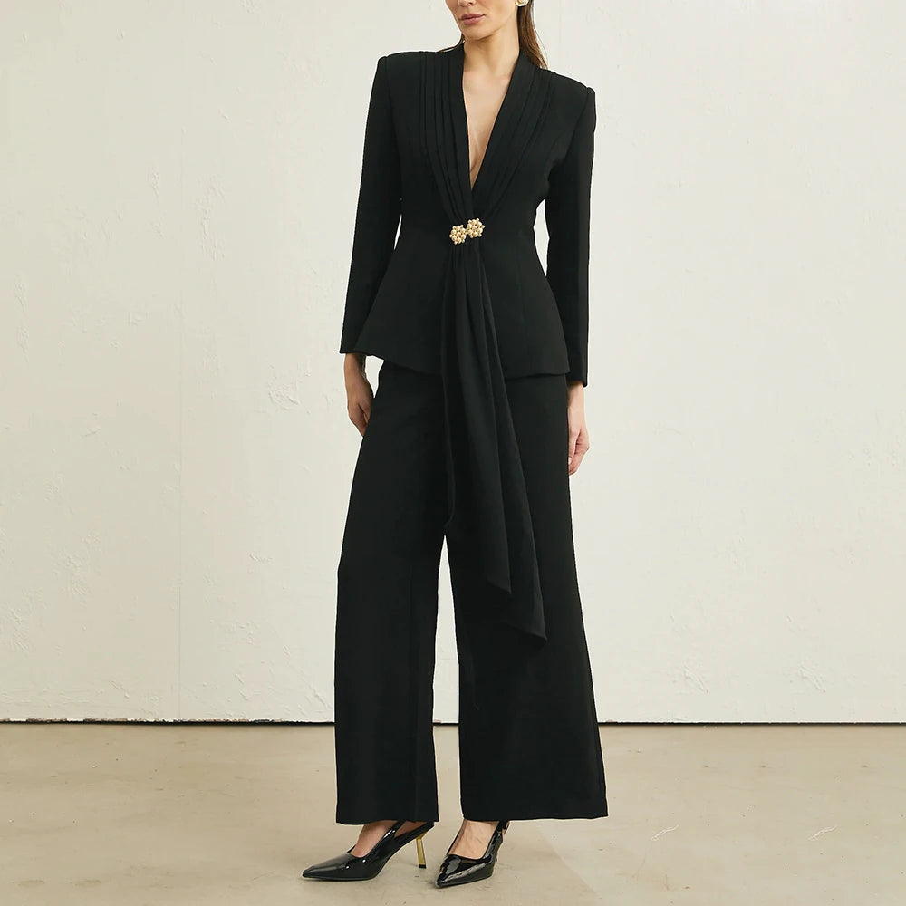 Two Piece Sets Long Sleeve Tunic Blazer High Waist Wide Leg Pant