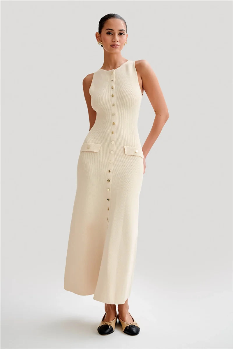 Elegant Sleeveless Buttoned Dress