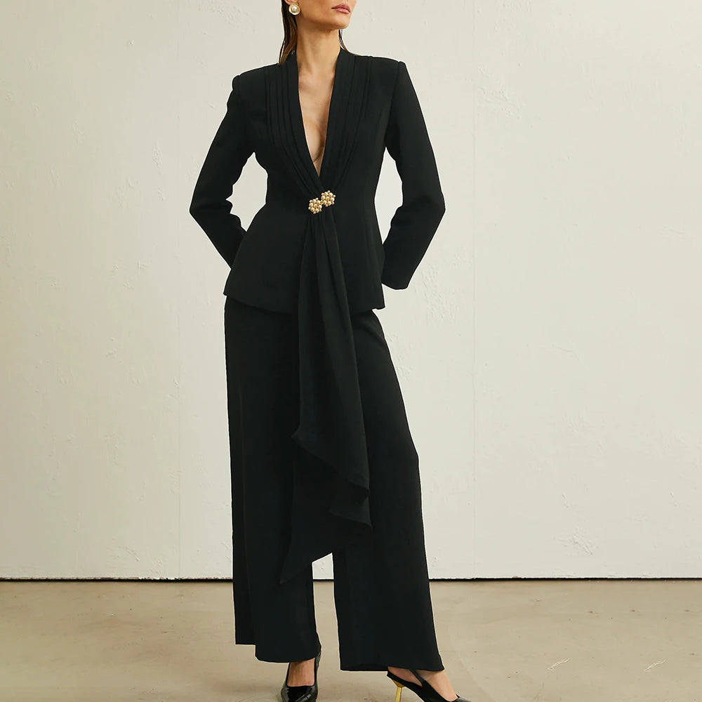Two Piece Sets Long Sleeve Tunic Blazer High Waist Wide Leg Pant