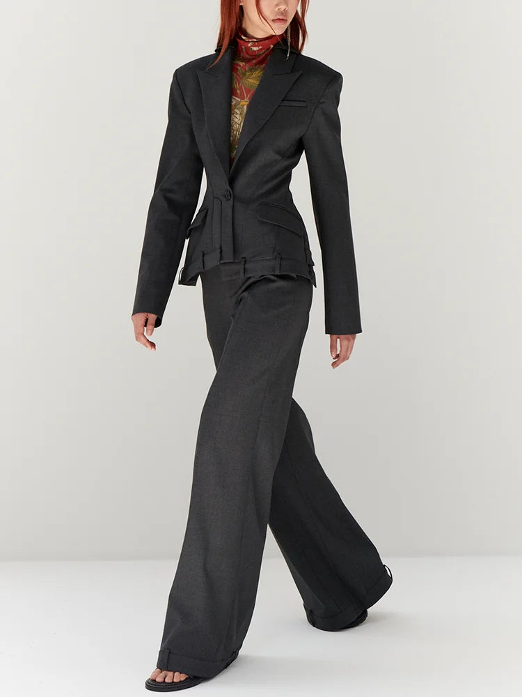 Two Piece Set Notched Collar Long Sleeve Blazer High Waist Wide Leg Pant