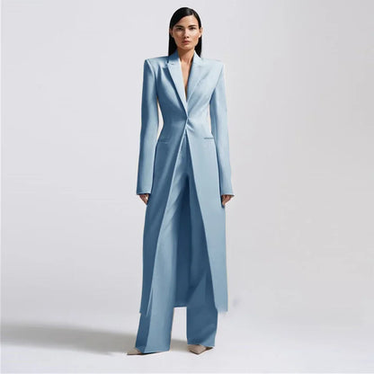 Women Pants Sets Fashion Peak Lapel One Button Long Coat 2 Piece