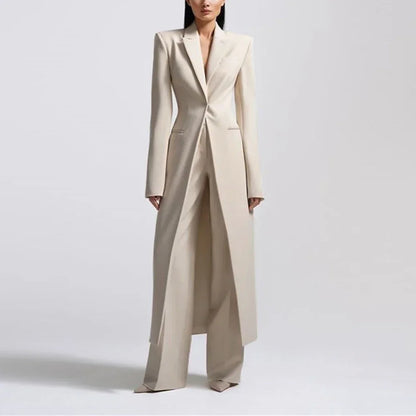 Women Pants Sets Fashion Peak Lapel One Button Long Coat 2 Piece