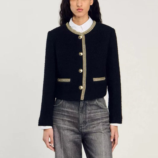 Round neck cardigan with long sleeves.