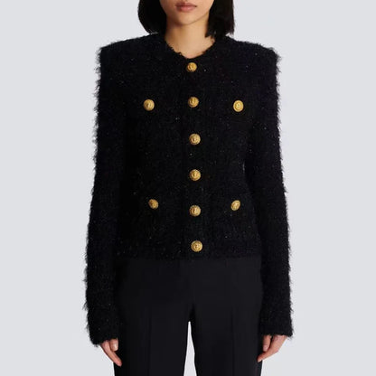 Round neck, long sleeve jacket.