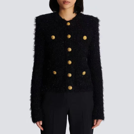 Round neck, long sleeve jacket.