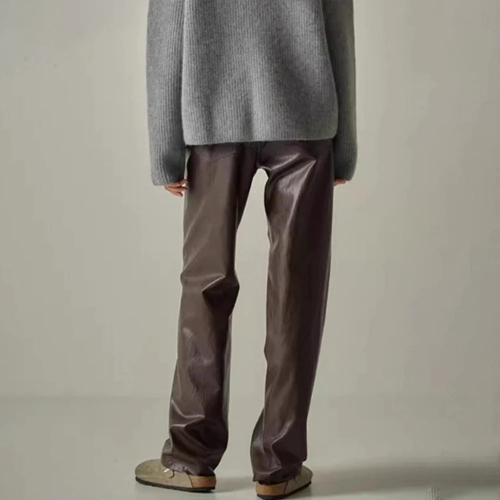 Solid Spliced Leather Retro High Waist Pants