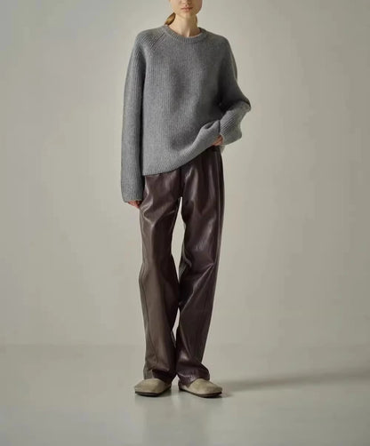 Solid Spliced Leather Retro High Waist Pants