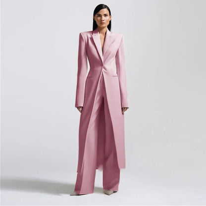 Women Pants Sets Fashion Peak Lapel One Button Long Coat 2 Piece