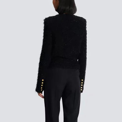 Round neck, long sleeve jacket.