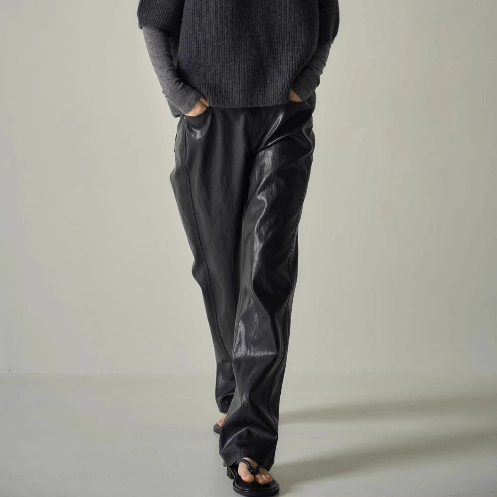 Solid Spliced Leather Retro High Waist Pants
