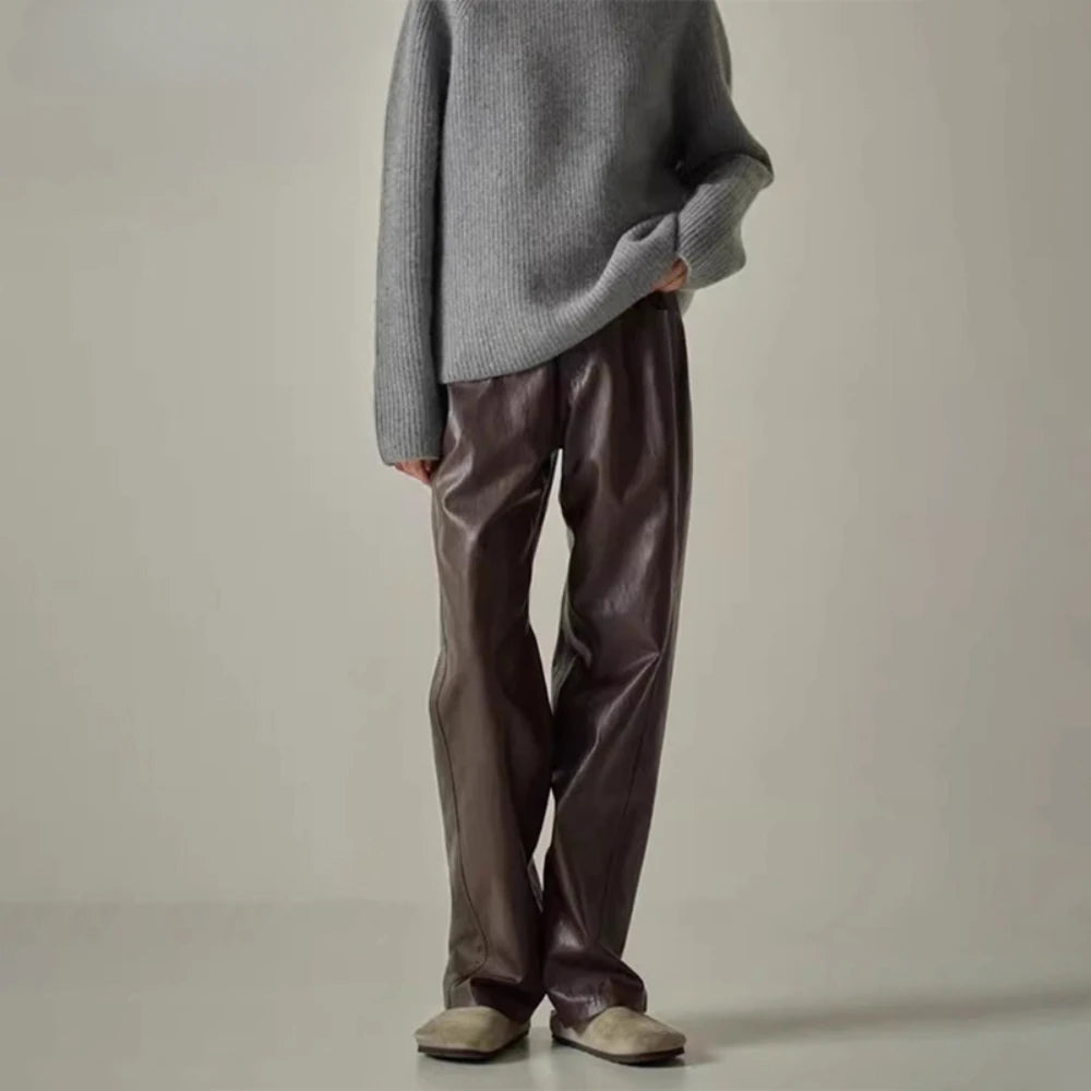Solid Spliced Leather Retro High Waist Pants