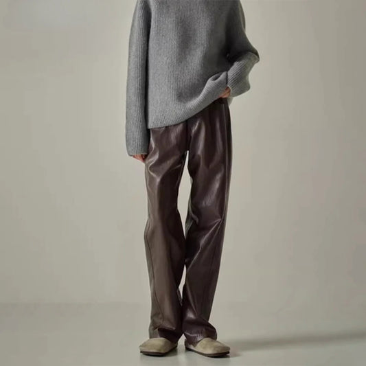 Solid Spliced Leather Retro High Waist Pants