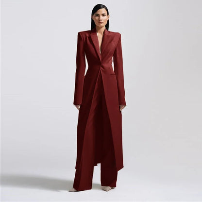 Women Pants Sets Fashion Peak Lapel One Button Long Coat 2 Piece