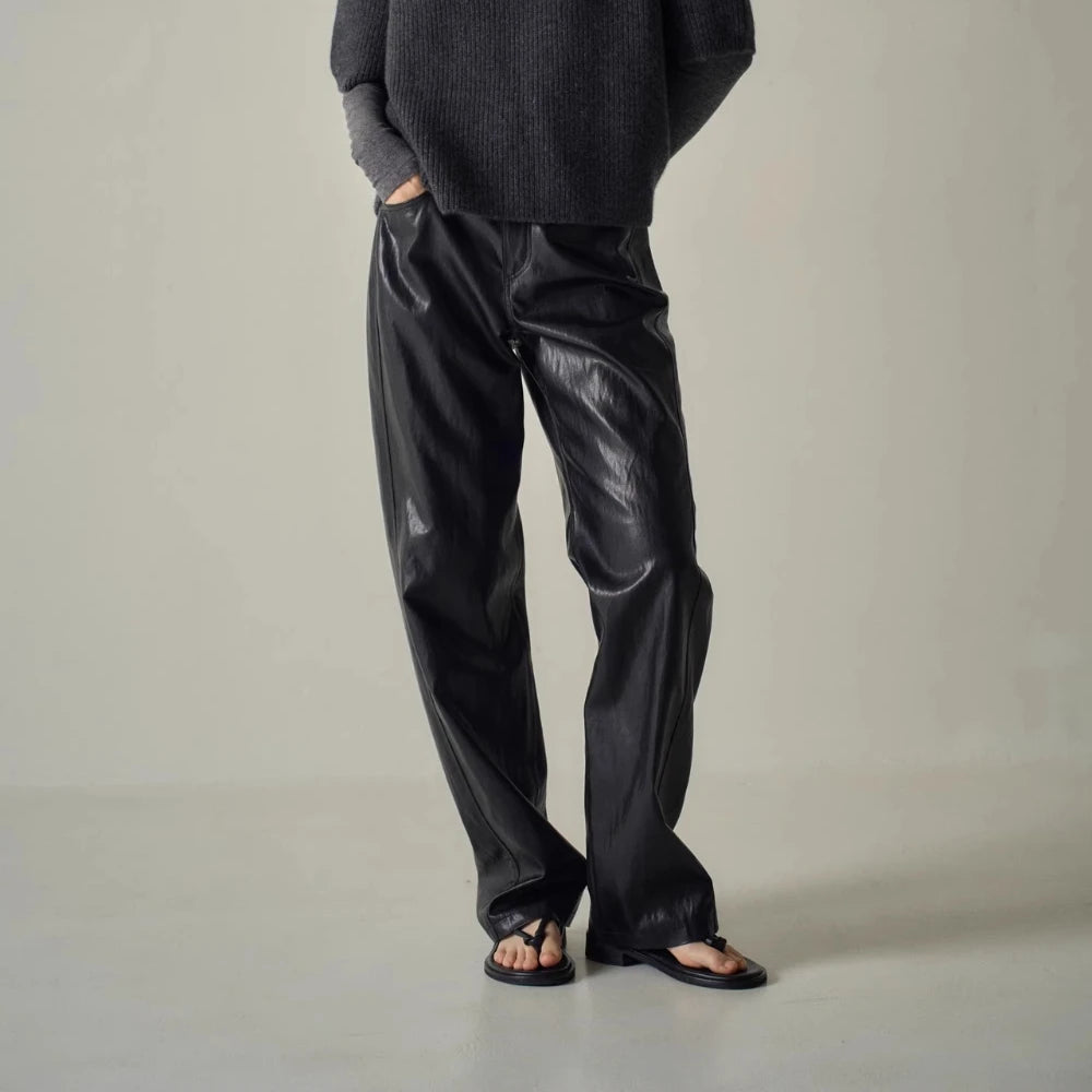 Solid Spliced Leather Retro High Waist Pants