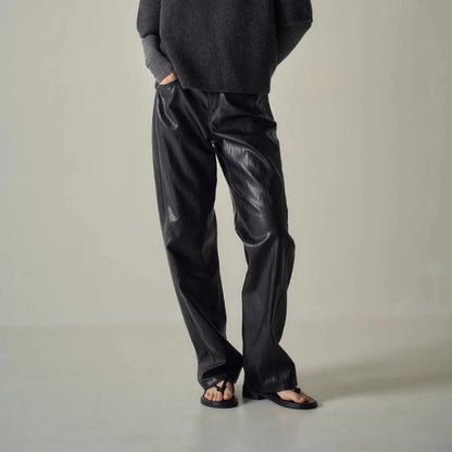 Solid Spliced Leather Retro High Waist Pants