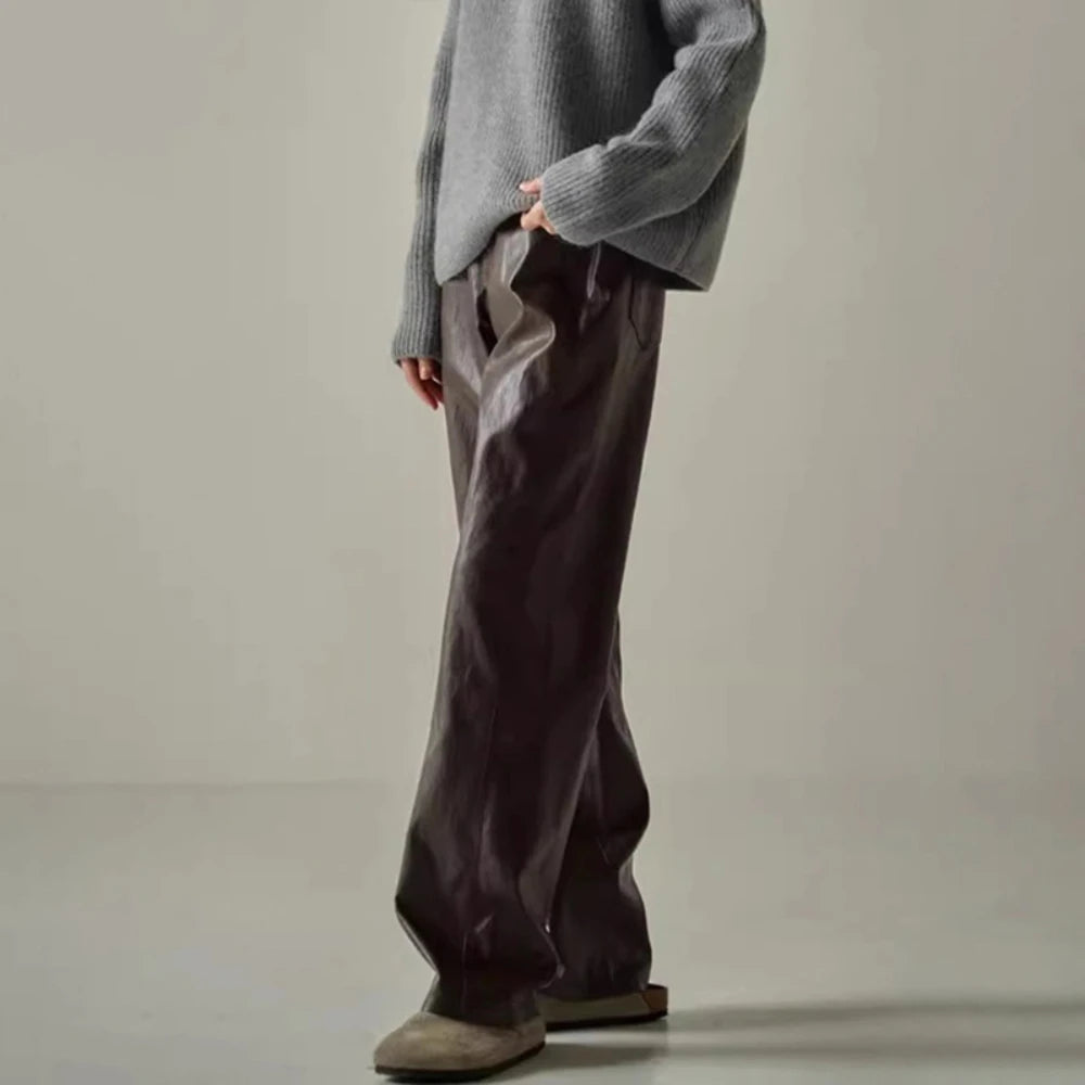 Solid Spliced Leather Retro High Waist Pants