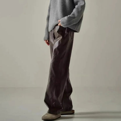 Solid Spliced Leather Retro High Waist Pants