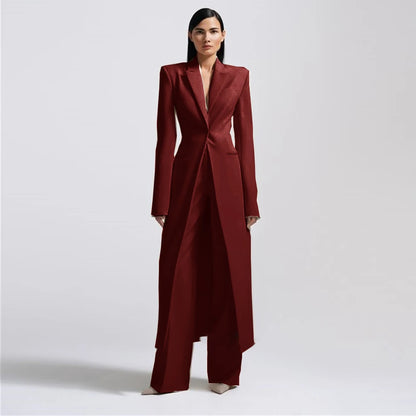 Women Pants Sets Fashion Peak Lapel One Button Long Coat 2 Piece