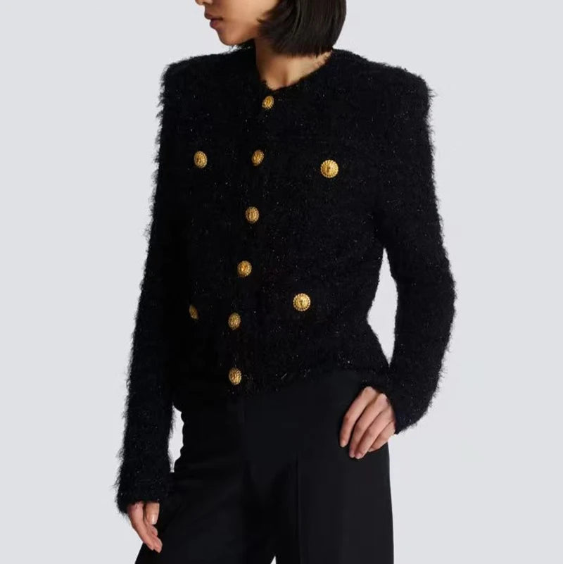 Round neck, long sleeve jacket.