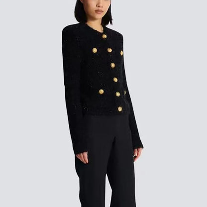 Round neck, long sleeve jacket.