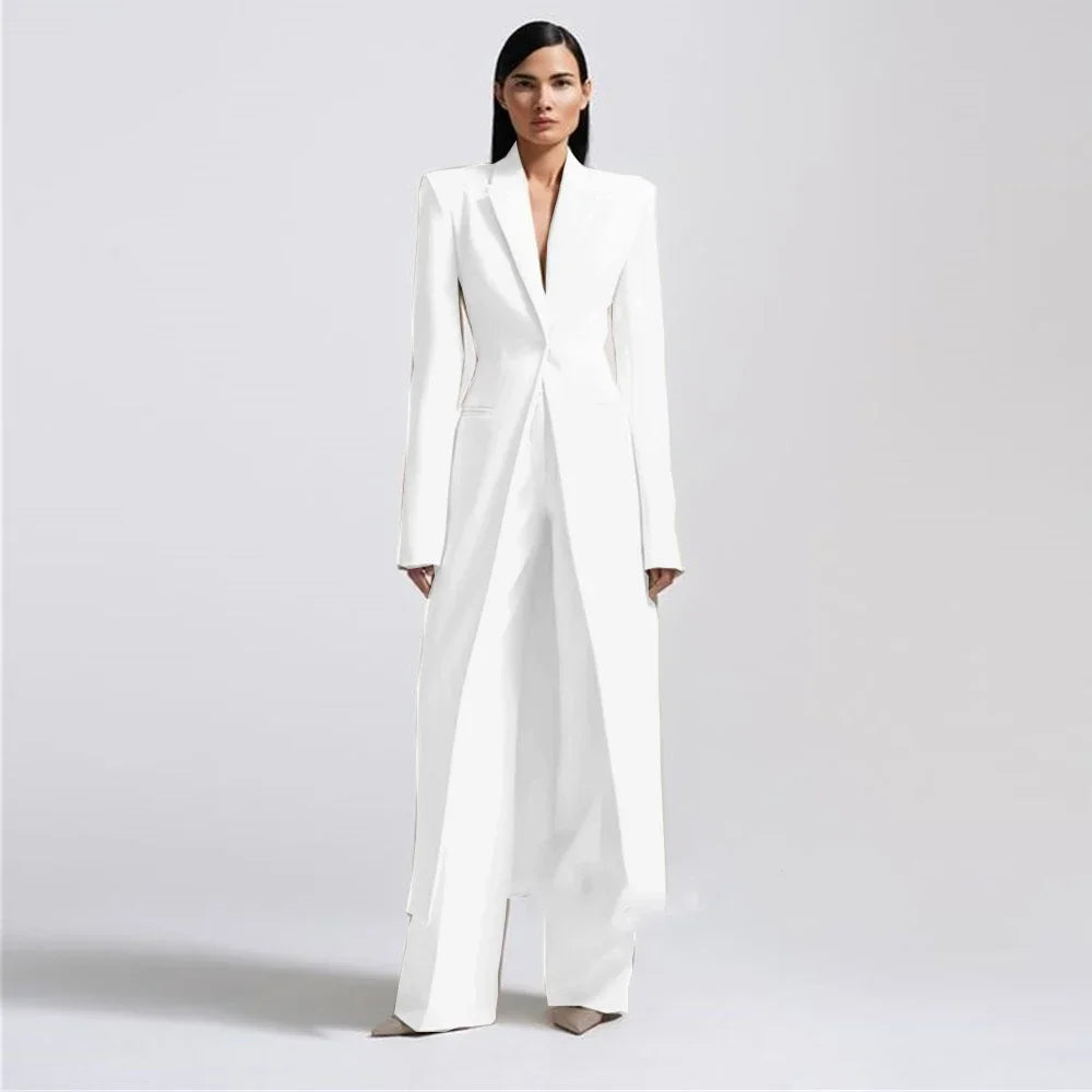 Women Pants Sets Fashion Peak Lapel One Button Long Coat 2 Piece
