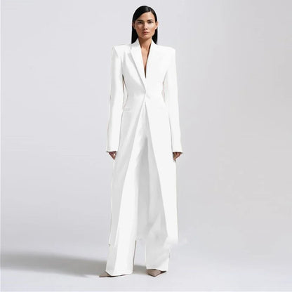 Women Pants Sets Fashion Peak Lapel One Button Long Coat 2 Piece